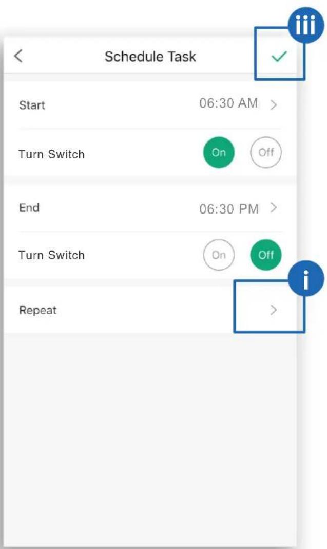 Schedule Task Start 06:30 AM > Turn Switch On Off End 06:30 PM > Turn Switch On Off Repeat >