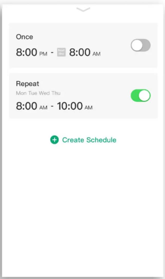 Once 8:00 PM - Next day 8:00 AM Repeat Mon Tue Wed Thu 8:00 AM - 10:00 AM + Create Schedule