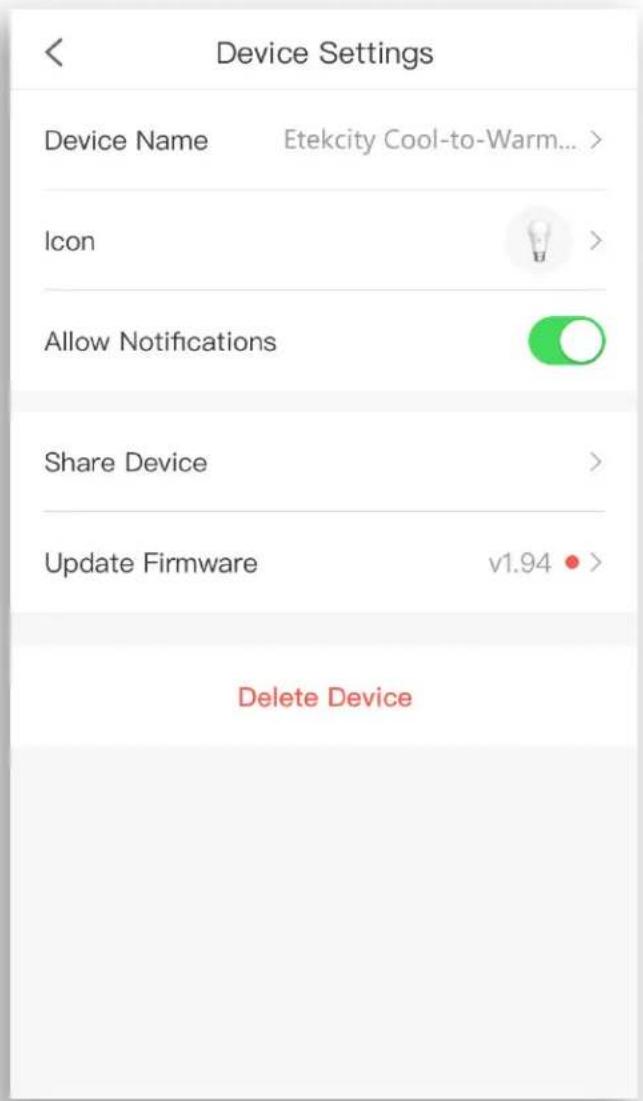 Device Settings Device Name Etekcity Cool-to-Warm... Icon Allow Notifications Share Device Update Firmware v1.94 • > Delete Device