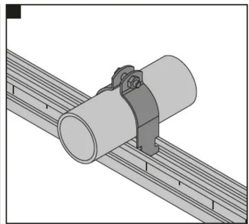Technical illustration of a pipe clamp securing a cylindrical component on a metal rail (no text or symbols)