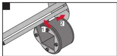 Mechanical assembly diagram showing a cylindrical component with two red arrows indicating motion or force directions (no text or symbols present)