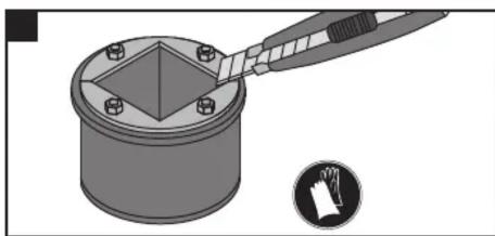 Mechanical assembly diagram showing a tool interacting with a cylindrical component and a hand gesture (no text or symbols)