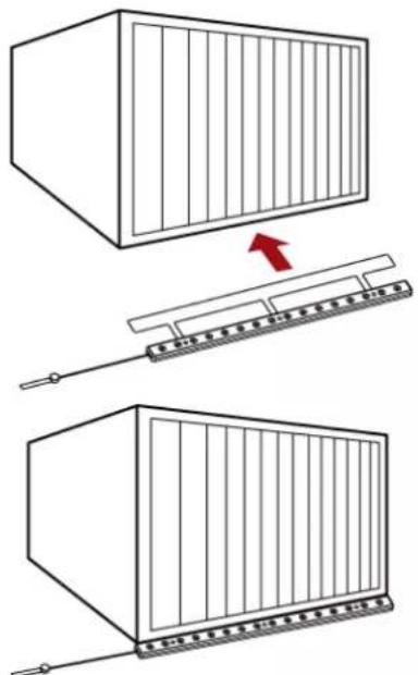 Diagram illustrating a mechanical assembly process with labeled components and directional arrow