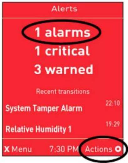 Alerts 1 alarms 1 critical 3 warned Recent transitions System Tamper Alarm 22:10 Relative Humidity 1 19:29 X Menu 7:30 PM Actions ●