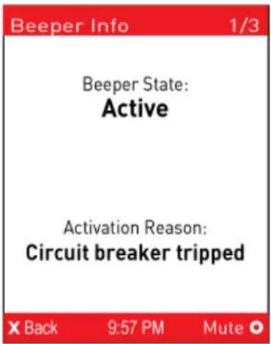 Beeper Info 1/3 Beeper State: Active Activation Reason: Circuit breaker tripped X Back 9:57 PM Mute ○