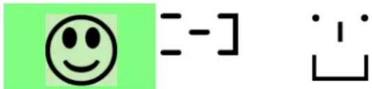 Simple graphic with a smiley face and a geometric symbol resembling a bracket or minus sign.