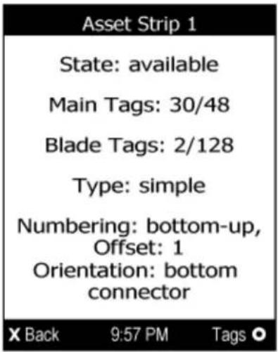 Asset Strip 1 State: available Main Tags: 30/48 Blade Tags: 2/128 Type: simple Numbering: bottom-up, Offset: 1 Orientation: bottom connector X Back 9:57 PM Tags ○