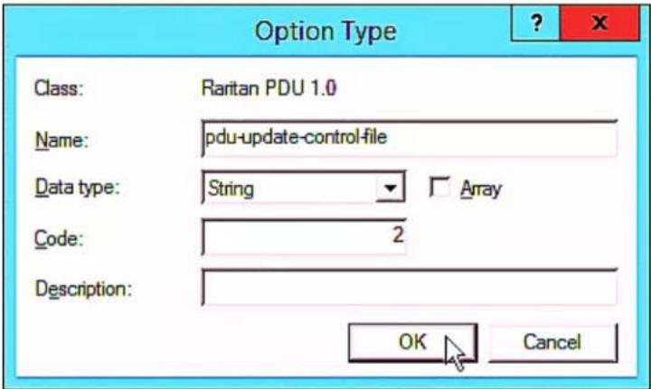 Option Type Class: Raritan PDU 1.0 Name: pdu-update-control-file Data type: String Array Code: 2 Description: OK Cancel