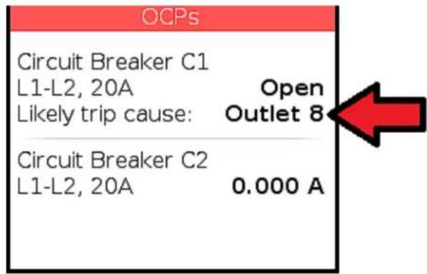 OCPs Circuit Breaker C1 L1-L2, 20A Open Likely trip cause: Outlet 8 Circuit Breaker C2 L1-L2, 20A 0.000 A