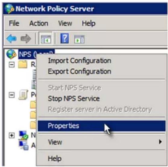 Network Policy Server File Action View Help Import Configuration Export Configuration Start NPS Service Stop NPS Service Register server in Active Directory Properties View Help