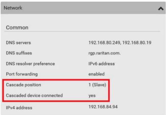 Network Common DNS servers 192.168.80.249, 192.168.80.19 DNS suffixes rgp.raritan.com. DNS resolver preference IPv6 address Port forwarding enabled Cascade position 1 (Slave) Cascaded device connected yes IPv4 address 192.168.84.94