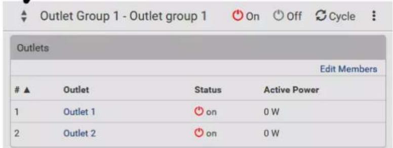 Outlet Group 1 - Outlet group 1 On Off Cycle Outlets Edit Members #▲ Outlet Status Active Power 1 Outlet 1 on 0 W 2 Outlet 2 on 0 W