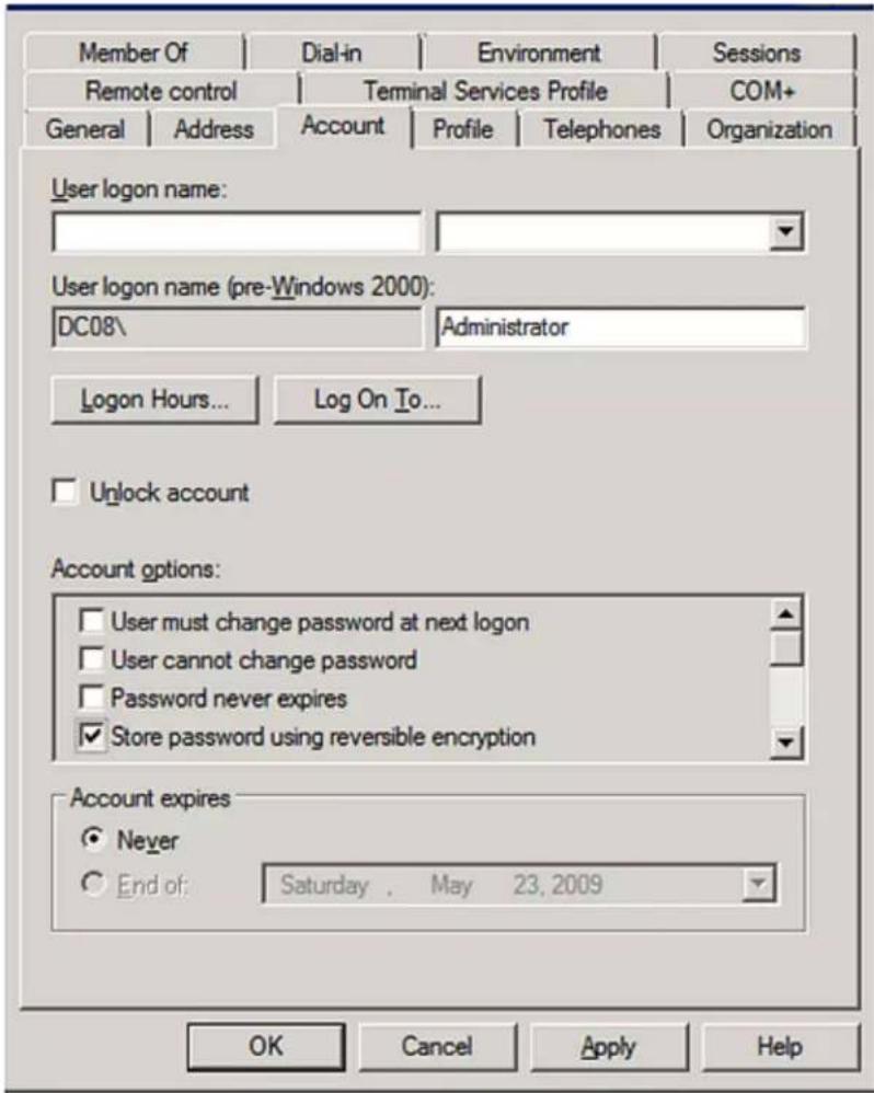 Member Of Dial-in Environment Sessions Remote control Terminal Services Profile COM+ General Address Account Profile Telephones Organization User logon name: User logon name (pre-Windows 2000): DC08\ Administrator Logon Hours... Log On To... Unlock account Account options: User must change password at next logon User cannot change password Password never expires Store password using reversible encryption Account expires Never End of: Saturday . May 23, 2009 OK Cancel Apply Help