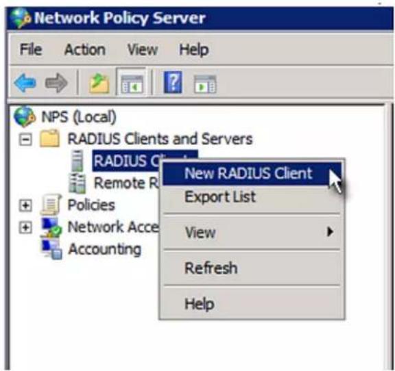 Network Policy Server File Action View Help NPS (Local) RADIUS Clients and Servers RADIUS Client Remote R Policies Network Acc Accounting New RADIUS Client Export List View Refresh Help