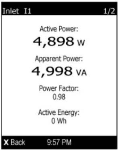 Inlet I1 1/2 Active Power: 4,898 w Apparent Power: 4,998 VA Power Factor: 0.98 Active Energy: 0 Wh X Back 9:57 PM