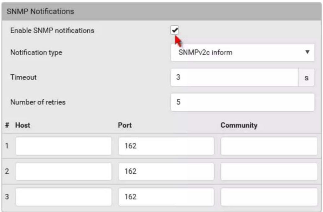 SNMP Notifications Enable SNMP notifications Notification type SNMPv2c inform Timeout 3 s Number of retries 5 Host Port Community