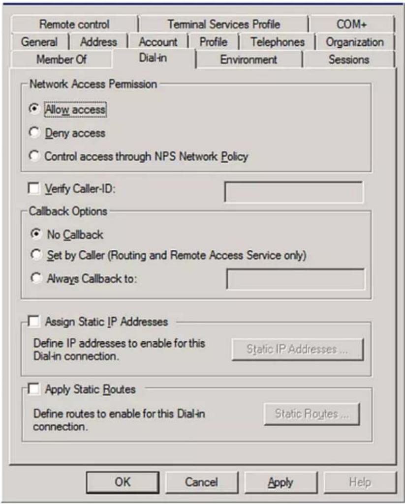 Remote control Terminal Services Profile COM+ General | Address | Account | Profile | Telephones | Organization Member Of | Dial-in | Environment | Sessions Network Access Permission Allow access Deny access Control access through NPS Network Policy Verify Caller-ID: Callback Options No Callback Set by Caller (Routing and Remote Access Service only) Always Callback to: Assign Static IP Addresses Define IP addresses to enable for this Dial-in connection. Static IP Addresses ... Apply Static Routes Define routes to enable for this Dial-in connection. Static Routes ... OK Cancel Apply Help