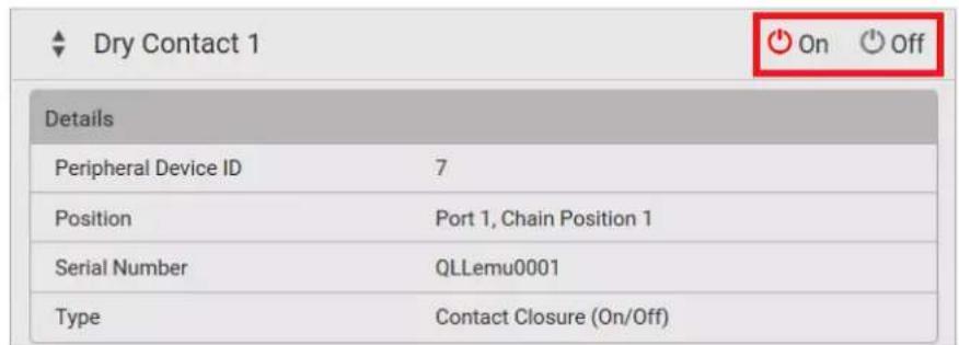 Dry Contact 1 On Off Details Peripheral Device ID 7 Position Port 1, Chain Position 1 Serial Number QLLemu0001 Type Contact Closure (On/Off)