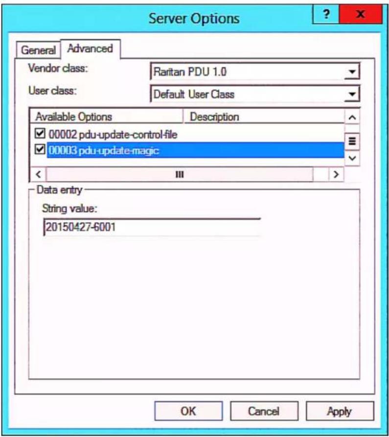 Server Options General Advanced Vendor class: Raritan PDU 1.0 User class: Default User Class Available Options Description ✓ 00002 pdu-update-control-file ✓ 00003 pdu-update-magic Data entry String value: 20150427-6001 OK Cancel Apply
