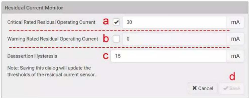 Residual Current Monitor Critical Rated Residual Operating Current a 30 mA Warning Rated Residual Operating Current b 0 mA Deassertion Hysteresis c 15 mA Note: Saving this dialog will update the thresholds of the residual current sensor. × Cancel ✓ Save d