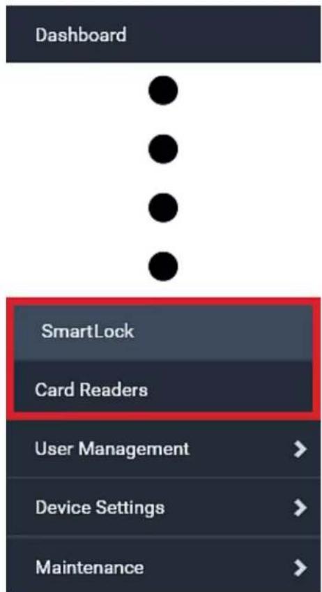 Dashboard SmartLock Card Readers User Management > Device Settings > Maintenance >
