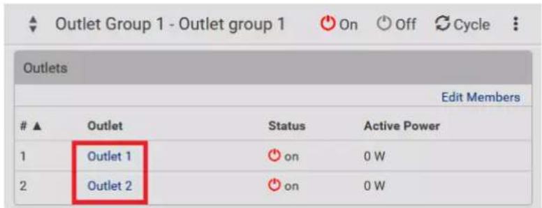 Outlet Group 1 - Outlet group 1 On Off Cycle Outlets Edit Members #▲ Outlet Status Active Power 1 Outlet 1 on 0 W 2 Outlet 2 on 0 W