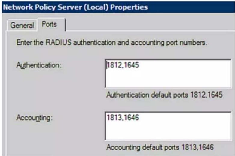 Network Policy Server (Local) Properties General Ports Enter the RADIUS authentication and accounting port numbers. Authentication: 1812.1645 Authentication default ports 1812.1645 Accounting: 1813.1646 Accounting default ports 1813.1646