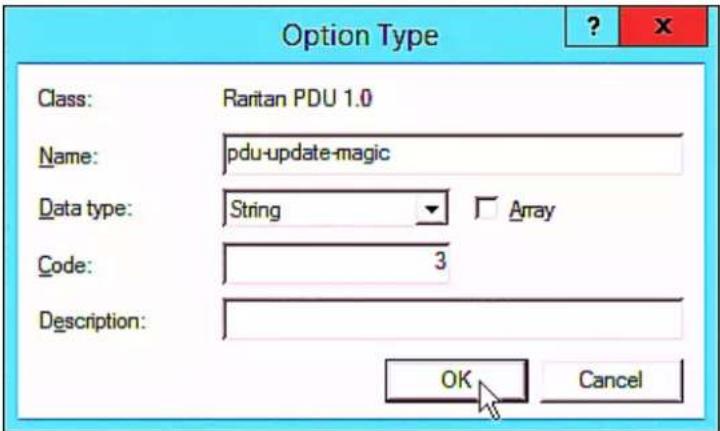 Option Type Class: Raritan PDU 1.0 Name: pdu-update-magic Data type: String Array Code: 3 Description: OK Cancel