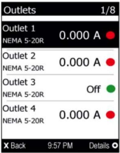 Outlets 1/8 Outlet 1 NEMA 5-20R 0.000 A Outlet 2 NEMA 5-20R 0.000 A Outlet 3 NEMA 5-20R Off Outlet 4 NEMA 5-20R 0.000 A X Back 9:57 PM Details