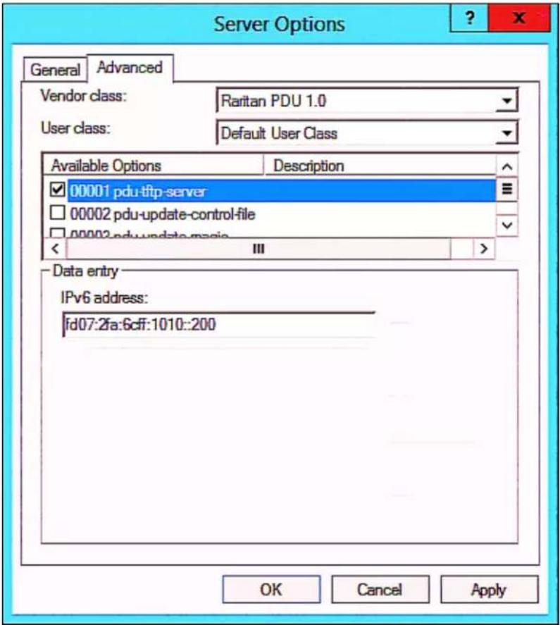 Server Options General Advanced Vendor class: Raritan PDU 1.0 User class: Default User Class Available Options Description 00001 pdu-tftp-server 00002 pdu-update-control-file 00002.pdu-update-magia Data entry IPv6 address: fd07:2fa:6cff:1010::200 OK Cancel Apply