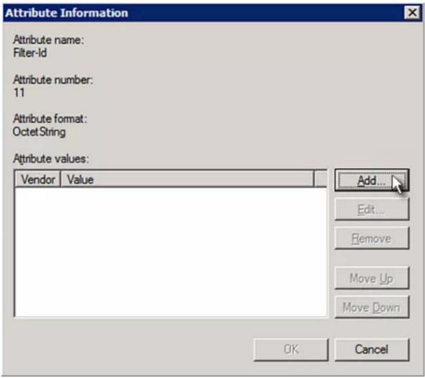 Attribute Information Attribute name: Filter-Id Attribute number: 11 Attribute format: OctetString Attribute values: Vendor Value Add... Edit... Remove Move Up Move Down OK Cancel
