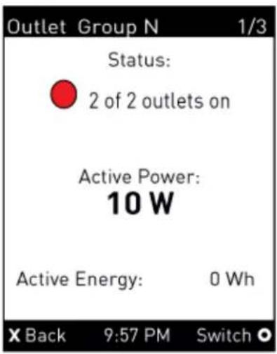Outlet Group N 1/3 Status: 2 of 2 outlets on Active Power: 10 W Active Energy: 0 Wh X Back 9:57 PM Switch ○
