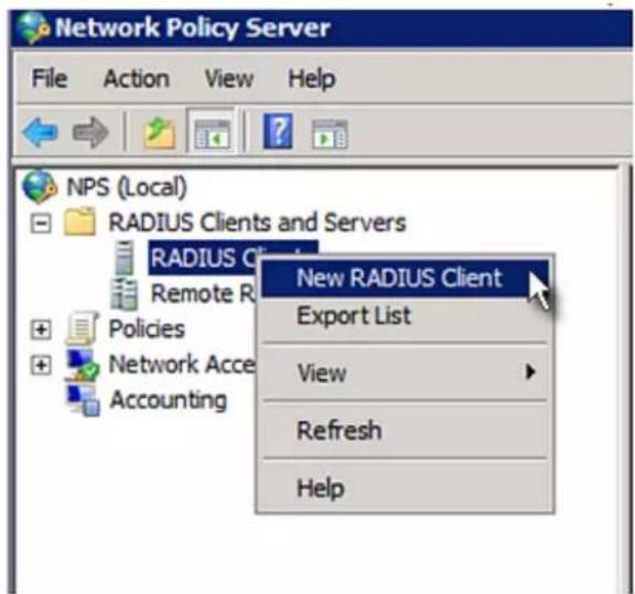 Network Policy Server File Action View Help NPS (Local) RADIUS Clients and Servers RADIUS Client Remote R Policies Network Acce Accounting New RADIUS Client Export List View Refresh Help