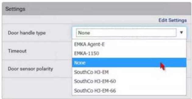 Settings Edit Settings Door handle type None Timeout EMKA Agent-E EMKA-1150 Door sensor polarity None SouthCo H3-EM SouthCo H3-EM-60 SouthCo H3-EM-66
