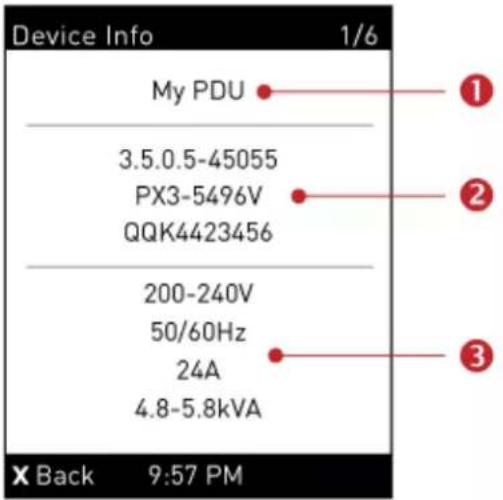 Device Info 1/6 My PDU 3.5.0.5-45055 PX3-5496V QQK4423456 200-240V 50/60Hz 24A 4.8-5.8kVA ① ② ③ X Back 9:57 PM