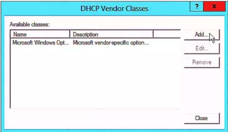 DHCP Vendor Classes Available classes: Name Description Microsoft Windows Opt... Microsoft vendor-specific option... Add... Edit... Remove Close