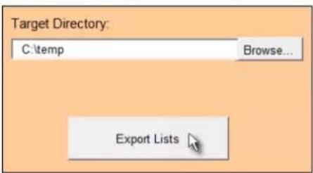 Target Directory: C:\temp Browse... Export Lists