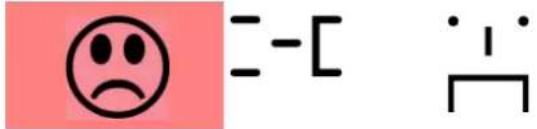 Simple visual symbols including a sad face and a simple geometric figure with dots