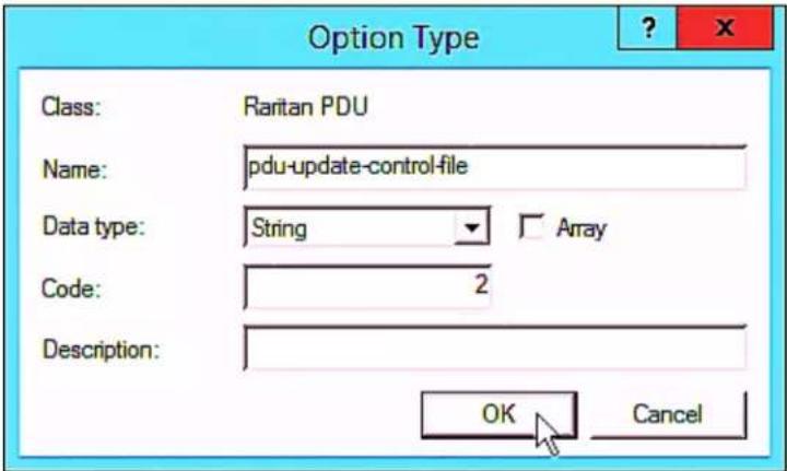 Option Type Class: Raritan PDU Name: pdu-update-control-file Data type: String Array Code: 2 Description: OK Cancel