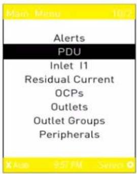 Main Menu Alerts PDU Inlet I1 Residual Current OCPs Outlets Outlet Groups Peripherals