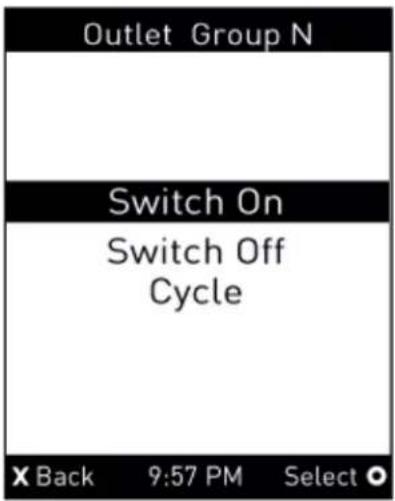 Outlet Group N Switch On Switch Off Cycle X Back 9:57 PM Select ○