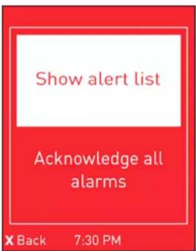 Show alert list Acknowledge all alarms X Back 7:30 PM