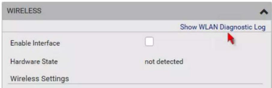 WIRELESS Show WLAN Diagnostic Log Enable Interface Hardware State not detected Wireless Settings