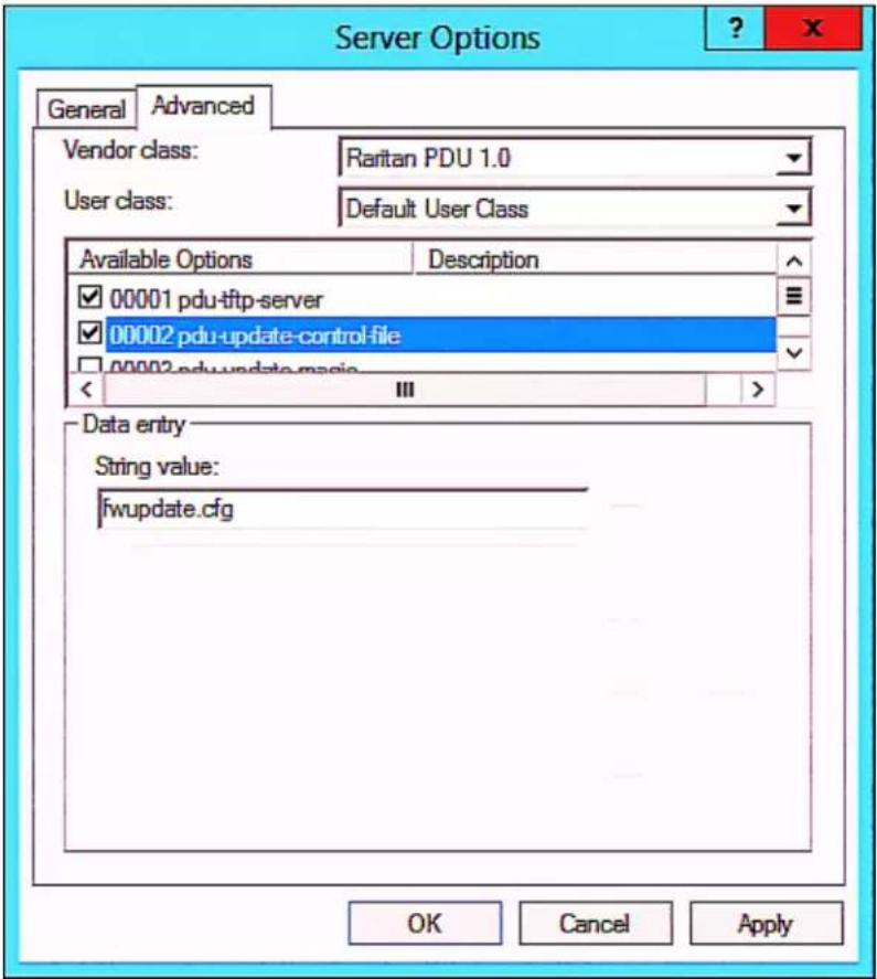 Server Options General Advanced Vendor class: Raritan PDU 1.0 User class: Default User Class Available Options Description ✓ 00001 pdu-tftp-server ✓ 00002 pdu-update-control-file ✓ 00002.pdu-update-magia Data entry String value: fwupdate.cfg OK Cancel Apply