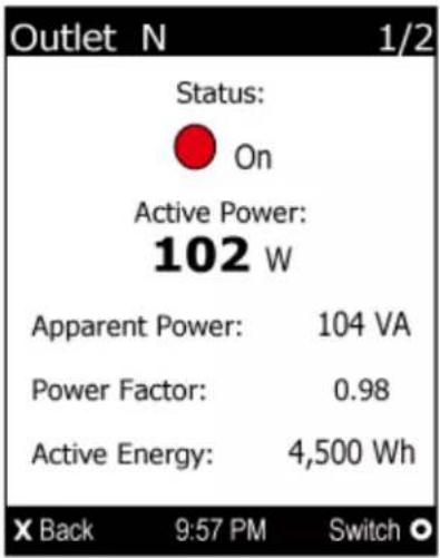Outlet N 1/2 Status: On Active Power: 102 W Apparent Power: 104 VA Power Factor: 0.98 Active Energy: 4,500 Wh X Back 9:57 PM Switch ○