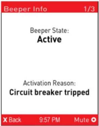 Beeper Info 1/3 Beeper State: Active Activation Reason: Circuit breaker tripped X Back 9:57 PM Mute ○