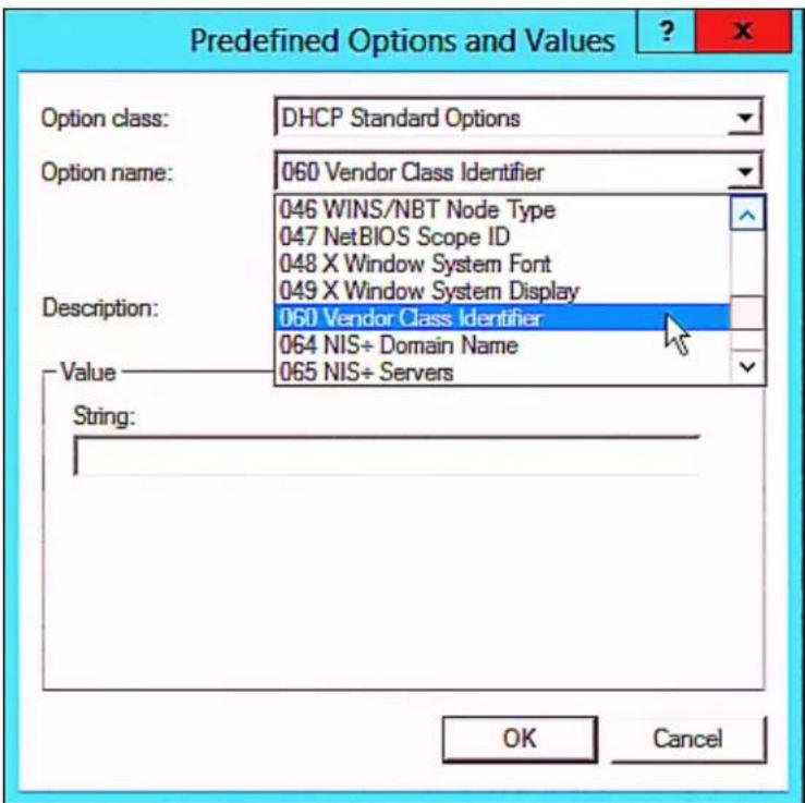 Predefined Options and Values Option class: DHCP Standard Options Option name: 060 Vendor Class Identifier 046 WINS/NBT Node Type 047 NetBIOS Scope ID 048 X Window System Font 049 X Window System Display Description: 060 Vendor Class Identifier 064 NIS÷ Domain Name 065 NIS÷ Servers Value String: OK Cancel
