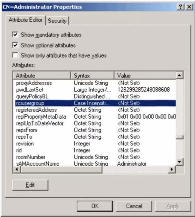 CN=Administrator Properties Attribute Editor | Security | ✓ Show mandatory attributes ✓ Show optional attributes ☐ Show only attributes that have values Attributes: Attribute Syntax Value proxyAddresses Unicode String pwdLastSet Large Integer/... 128299285248088608 queryPolicyBL Distinguished... rciusergroup Case Insensiti... registeredAddress Octet String replPropertyMetaData Octet String 0x01 0x00 0x00 0x00 0x0 replUpToDateVector Octet String repsFrom Octet String repsTo Octet String revision Integer rid Integer roomNumber Unicode String sAMAccountName Unicode String Administrator Edit OK Cancel Apply