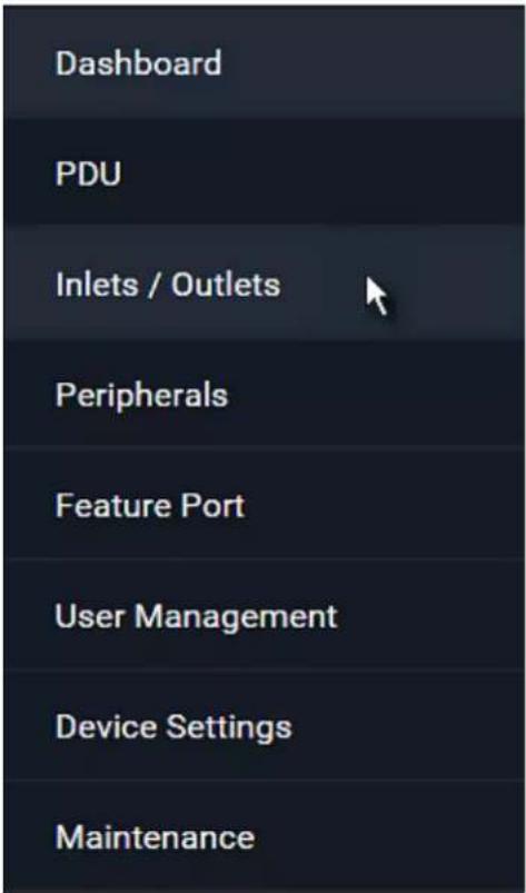 Dashboard PDU Inlets / Outlets Peripherals Feature Port User Management Device Settings Maintenance
