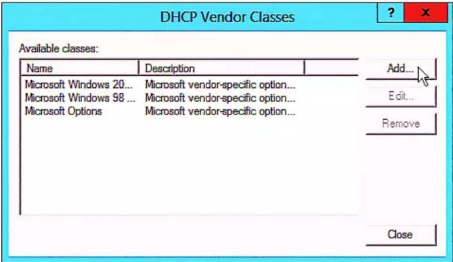 DHCP Vendor Classes Available classes: Name Description Microsoft Windows 20... Microsoft vendor-specific option... Microsoft Windows 98 ... Microsoft vendor-specific option... Microsoft Options Microsoft vendor-specific option... Add... Edit... Remove Close